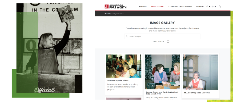 Image featuring a member of the Junior League of Fort Worth and the image gallery of the JLFW digital museum.