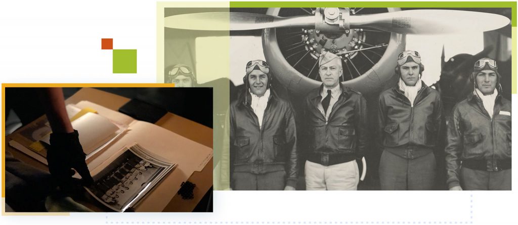 Graphic displaying examples of items in archives and an archival image of men in the military standing in front of a plane.