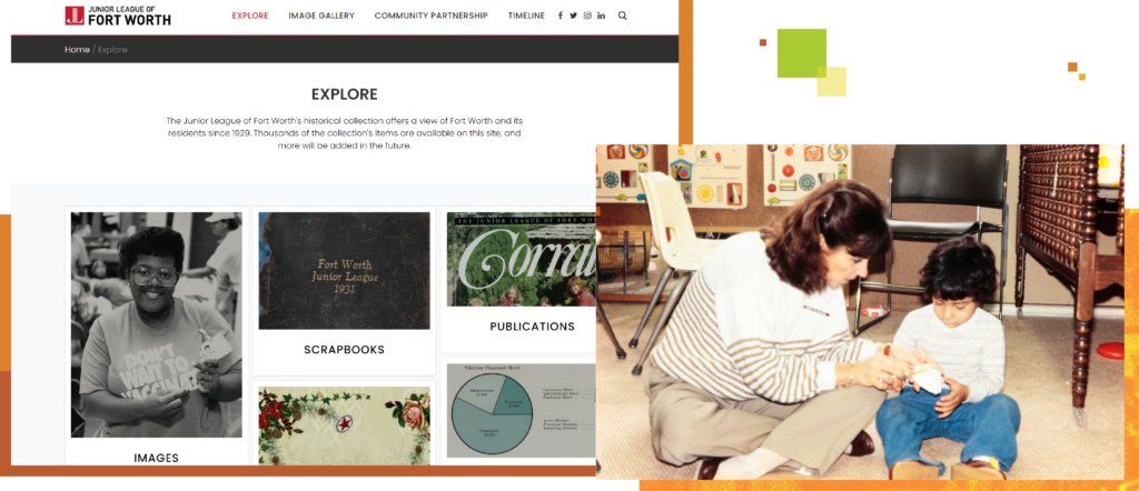 Graphic shows a member of the Junior League of Fort Worth and the explore page of the JLFW digital museum.